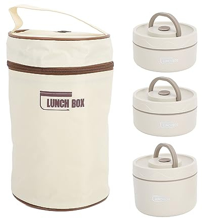 Récipient à Déjeuner isolé en Acier Inoxydable 304 avec Sac Thermique, Conteneurs à Déjeuner Scellés, Boîte à Thermique Ronde Portable Multifonction (Beige)