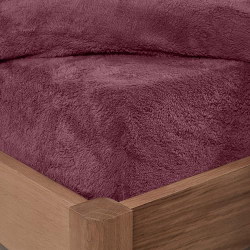 Brentfords Red Super King Sheet Bedding, Teddy Fleece Superking Fitted Sheet Thermal Bedding Sheets Fade Resistant Ultra Soft Easy Care Winter Bedding, Burgundy