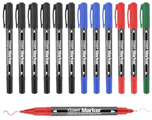 YISAN Permanent Marker Dünn,Permanentstift 4 Farben mit feiner Doppelspitze,12 Wasserfest Filzstifte,für Glas,Stein,70795