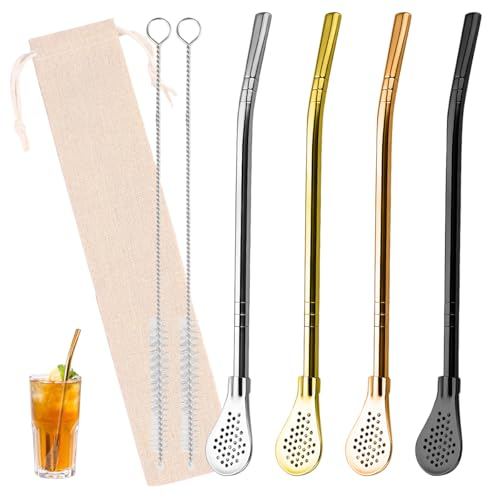 4 Stück strohhalm mit löffel, trinkhalme edelstahl, metall strohhalm edelstahl, cocktail strohhalme,strohhalme wiederverwendbar, eislöffel lang, Geeignet für Kaffee, Smoothies, Milchkaffee, Milchtee
