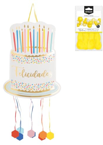 OH YEAH - Piñata Tarta Cumpleaños Grande 40 x 55 cm + 10 Globos Amarillo 30cm - Decoración Fiestas Infantiles - Piñatas Grandes para Rellenar - Juguetes y Chuches - FÁCIL DE RELLENAR