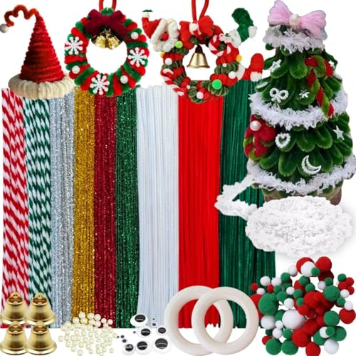 XMAS Pipe Cleaners Kit With 260 Pcs Pipe Cleaners Colourful in 11 Colours(Red,Green,Write,Christmas Glitter),50 Pom Poms,40 Pearls,10 Googly Eyes,4 Small Bells,2 Wooden Rings and 1 Roll Fluffy Yarn