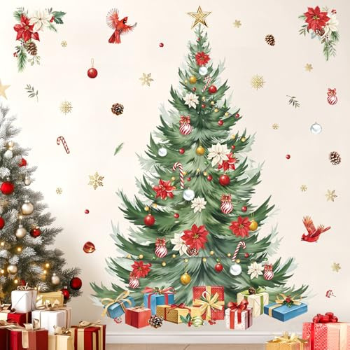 decalmile Stickers Muraux Noël pour Fenêtre Grand Sapin de Noël Autocollant Mural Fenetre Arbre de Noel Flocon de Neige Fleurs Décoration Murale Noel Porte Fenêtre Vitrine Vitre