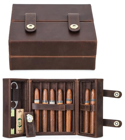 Hiram Cigarrförvaringsfodral äkta läder cigarrhumidor för 7 cigaretter, dubbelöppen cigarrlåda med cigarrskärare och tändarplats, multifunktionellt cigarrfodral med inbyggd hygrometer