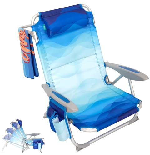 #WEJOY 4-positioners justerbar strandstol för vuxna, vikbar låg strandstol lätt och bärbar, hög ryggkudde ficka utomhus trädgård liggande camping strandstol, blått mönster