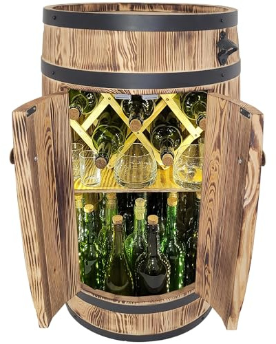 weeco Barril de madera con puertas, bar con iluminación LED, funciona con pilas, soporte para botellas de vino plegable, armario rústico para botellas de alcohol, 80 x 50 x 44 cm