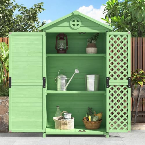 Cobertizo de madera para muebles de jardín para exteriores, para jardín, terraza, sin decoloración, resistente a la intemperie, sin mantenimiento, color verde