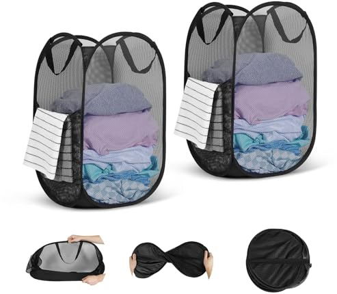 Cesta de lavandería plegable WUFANC, paquete de 2 (34 x 34 x 60 cm), cesta de lavandería plegable de malla con asa para baño, camping, residencia universitaria y viajes.