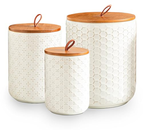 JOJUNO White Ceramic Canister Set with Wooden Lids – 3-Piece Airtight Food Storage Jars for Kitchen, Embossed Design, Small/Medium/Large Sizes (30/48/82 oz) – Flour, Sugar, Coffee, Tea Containers