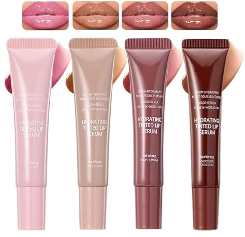 4Pcs Tinted Lip Gloss Set,Jelly Hydrating Shine Pink Nude Red Glossy Lip Balm,Long-lasting Nourishing Vegan Lip Plumper Gloss for Instant Moisture Liquid Lipstick for Women