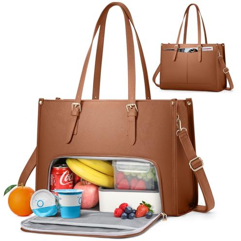 RAINSMORE Bolso Grande Mujer con Compartimento para Almuerzo Bolsos para Universitarias Impermeable Cuero PU Bolso Ordenador Portatil 15.6 Pulgadas para Oficina Trabajo Marrón