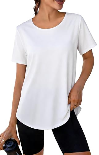 Crewhpo Camiseta Deportiva Manga Corta para Mujer Cuello Redondo Camisetas Deporte Ligero y Secado Rápido Malla Trasera Ropa de Top para Correr Gimnasio Yoga