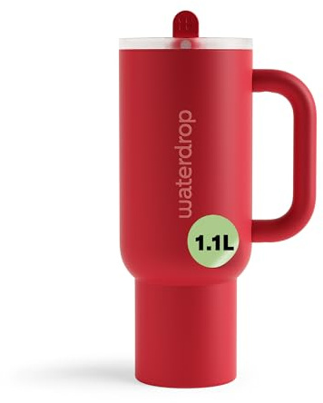 waterdrop® Thermobecher mit Strohhalm 1,1L – Auslaufsichere, robuste Trinkflasche mit aufklappbarem Trinkhalm, Hält 12h kalt, Trinkbecher mit Deckel, isolierte Edelstahlflasche