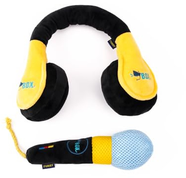 Pälsiga fabler interaktiv hundleksaksset, svart och gult plyschheadset med mikrofon, gnisslande hundleksaker med godisficka, 45 cm hörlurar och 19 cm mikrofon-underhållningspaket
