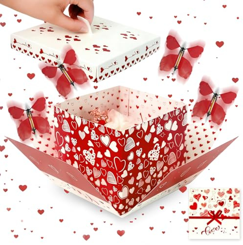 Red Hearts Explosion Gift Box, 4pcs Flying Butterfly White Surprise Gifts Box with Red Heart for Mothers Day Card Funny, DIY Exploding Surprise Box Creative Boxes for Mothers Day Gifts