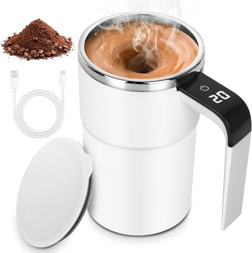 FENYW Selbstrührender Kaffeebecher, Automatisch Magnetisch, Edelstahl, USB, 380ml Selbstrührende Tasse, Selbstrührende Kaffeetasse mit Temperaturanzeige, für Kaffee,Milch und andere Getränke Weiß