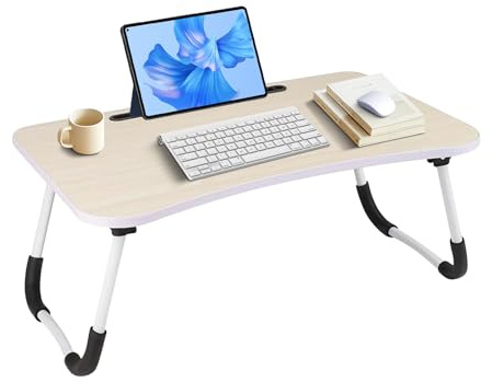 Mesa Plegable Cama, Bandeja Cama de Desayuno, Ergonómica, Ideal para Portátil, Ordenador y Libros, Mesa Auxiliar con Atril para Leer en la Cama 50x30x22 cm, Madera Claro