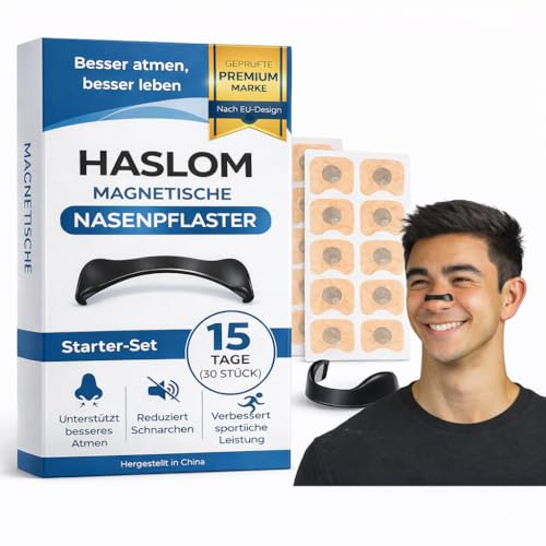 Haslom® Tiras Nasales Magnéticas Premium + Guía de Uso – Mejora la Respiración y la Oxigenación, Antironquidos, Máxima Adhesión para Deporte y Dormir – Pack 15 Días (Negras)