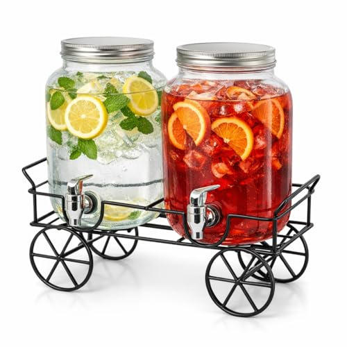Set 2 Dispenser in Vetro per Bevande 4L con Rubinetto e Supporto, Erogatori per Succhi, Cocktail, Limonata per Feste, Picnic e Barbecue
