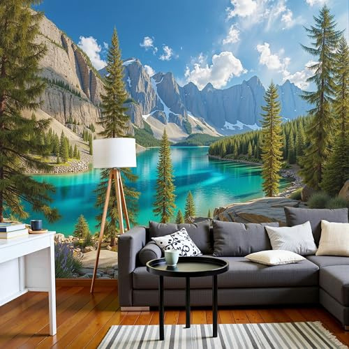 Fotomural Papel Pintado Para Pared Turquesa Valles De Lagos Naturales, Art Papel Tapiz Fotográfico Mural 400X280Cm Paisaje Forestal Decoración De Pared Sala Cuarto Oficina Salón