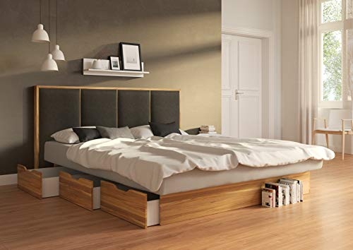 SuMa - Wasserbett 180x200 dual Schubkastenbett mit Bettkasten Wildeiche Eiche und Kopfteil Quaddro, Farbe Carbon 180x200 cm