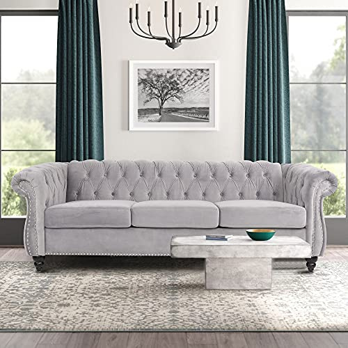 ONCIN Velvet Chesterfield Sofa, 84'' Modern Tufted 3 Seater Couch with Scroll Arms and Wood Legs for Living Room Bedroom (Gray)