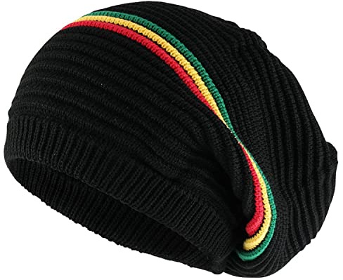 CRAZY LIZARD Chapeau Rasta côtelé pour Dreadlocks. Reggae avec Rayures Rasta. Accessoires Dreadlocks. Chapeau de Style jamaïcain. Chapeaux pour Homme et Femme., Noir No Peak, L