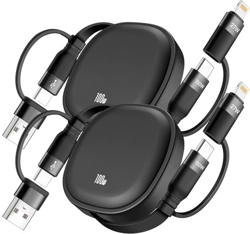 Minlu 5-i-1 USB multiladdningskabel,100W infällbar C-laddningskabel, USB Snabbladdningskabel och Dataöverföringskabel, USB-C/A till Lightning/USB C laddningskabel för IP,Android Galaxy,Nexus,LG