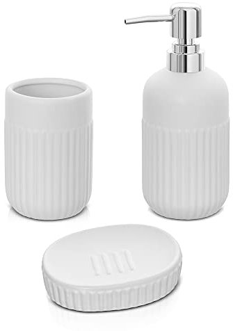 Accessori bagno da appoggio in set completo 3 pezzi, kit accessori appoggio con dispenser, portaspazzolini e porta saponetta, in ceramica, linea Cup