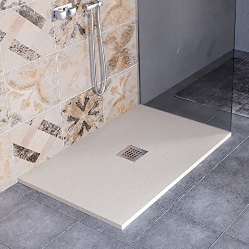 Luminosa ArredoBagno Plato de ducha de resina de 80 x 80 cm, modelo Florence, efecto piedra antideslizante con helcoat, fabricado en Italia, tapa incluida, color crema