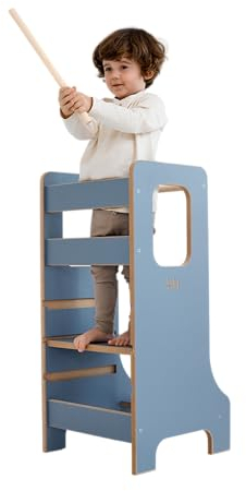 Kindersicherer Lernturm | Verstellbarer Montessori-Küchenhelfer blau | Montessori Küchenhelfer | Lernturm blau aus Holz | Holzplattform | Kinder Küchen Treppe