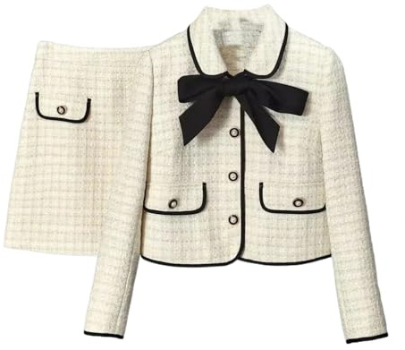 Completo da donna in tweed bianco, giacca, cappotto, top e gonna, elegante set di due pezzi abbinato outfit invernale jacquard abbigliamento, Foto, M
