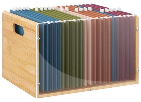Sbanmao Letter/Legal Bamboo Acrylic File Box Organizer, Hanging File Folder Storage Boxes, Decorative Document Crate Transparent Filing Bin with Handle for Home Office Desk