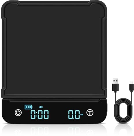 Bilancia da caffè digitale di precisione 0,1 g/3 kg, bilancia da cucina Cadrim ricaricabile con timer, schermo LED e funzione tara, bilancia elettronica touch con tappetino in silicone in g/oz/ml