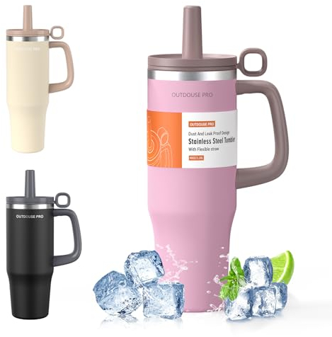 1200ml Taza Térmica - Vaso Térmico con Asa y Pajita - Termo Café sin BPA 1.2L - Taza para Beber Caliente y Frío - Rosa