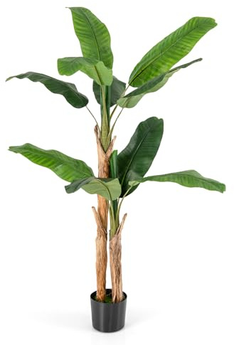 COSTWAY Konstgjord bananträd, bananväxt med 10 blad och naturlig stam, konstgjord växt i kruka, bananpalm konstträd, konstgjord palm, dekoration hus kontor, grön (165 cm)