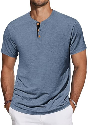 TARAINYA Camisetas Henley Hombre Algodón Manga Corta M-4XL | 95% Algodón 5% Elastano, con Bolsillo, con 3 Botones, Lisa, Regular-Fit, T-shirt Hombre Verano