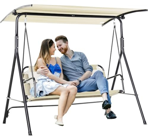 BAKAJI Dondolo Letto da Giardino 3 Posti con Tetto Parasole Regolabile, Struttura in Metallo e Seduta in Tessuto Traspirante con Imbottitura Ergonomica e Morbida, Ideale per Esterni, Patio (Beige)