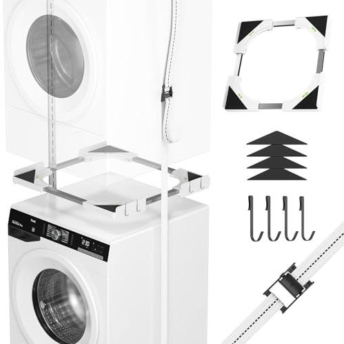 JHCHU Slimline Kit d'empilage pour Lave-Linge et sèche-Linge, Cadre Universel Ultra Fin pour appareils de 45 à 68 cm, Design Peu encombrant avec Sangle à cliquet et 4 Crochets Multifonctions (Blanc)
