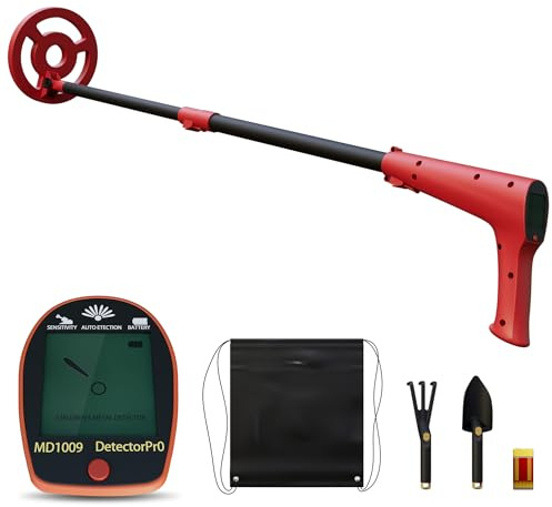 HENGMEI Rivelatore di metallo per bambini, rilevatore di bambini, leggero, regolabile, impermeabile, con display LCD e bobina di ricerca, rilevatore d'oro con rastrello, rosso