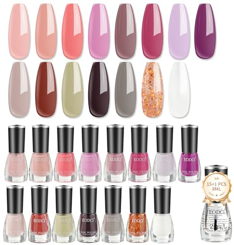 eodci Juego de 16 esmaltes de uñas de 15 colores de secado rápido con base y capa superior 2 en 1, color nude, rosa, morado y blanco, paquete de esmalte de uñas brillante