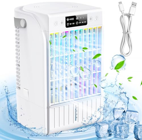 Climatiseur Mobile 1500ML, 4 en 1 Refroidisseur d'air avec Brumisation, 4 Vitesses, 7 Colorées, 2/4/6H Minuteur, Mini Climatiseur Portable Silencieux pour la Maison et Cuisines