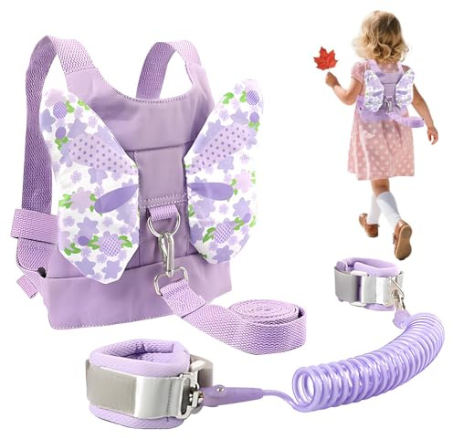 Baby Reins, Baby Walking Harness, Toddler Reins Reins Walking Harness with Safety Rein & Butterfly Wings with Anti Lost Wrist Link for Toddlers Girls 1-3 Years(Purple)