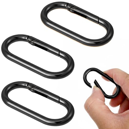 Quilax 3 stycken oval fjäderkarbinhakar, liten karbinhake, karbinhake i metall, nyckelring för resor, fiske, camping, vandring, hängmattor, ryggsäck (svart)