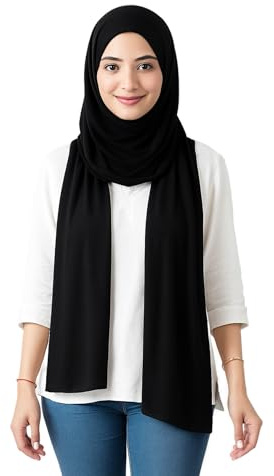 World of Shawls Premium Stretch Jersey Hijab for Women Soft Breathable Muslim Head Scarf | Non-Slip Modest Wrap for Daily Wear, Prayer Lightweight, Long Islamic Hijab Shawl (Black)