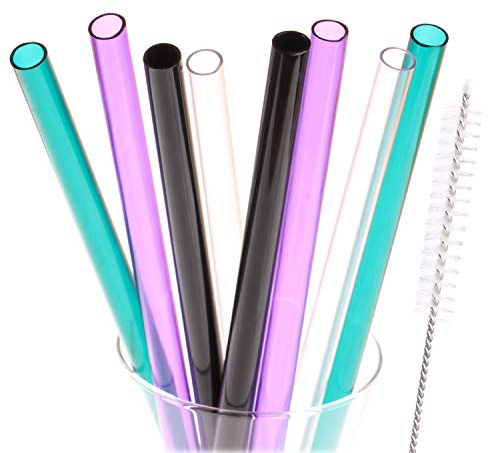 Dakoufish Reusable Smoothie Straws 9 inch Long Wide Mouth Clear Plastic Straight Drinking Straws Set of 8 with Cleaning Brush (mix4color, 9 inch)
