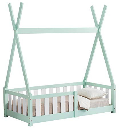 [en.casa] Kinderbett Helsingborg 70 x 140 cm mit Rausfallschutz Lattenrost Tipi Zelt Jugendbett Bettgestell Kiefernholz Holzbett für Kinder Mintgrün