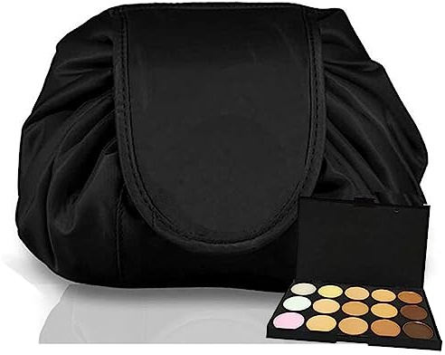 Drawstring Makeup Bag GLAMZA ‘Lazy’ Cosmetics Makeup Pouch Storage Organiser for Women & Girls (Black) - From Flat Makeup Bag to Structured Travel Makeup Bag in Seconds Inc 15pc Makeup Contour Palette