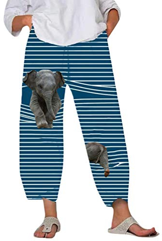Minetom Damen 7/8 Jogginghose Haremshose Baggy Mit Taschen Pumphose Sommerhose Leichte Yoga Freizeithose Tierdruck Strand Hose A Blau Elefant XL