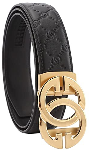 KLWINO Men's Personalized Embossed Leather Belt with Automatic Buckle Ratchet Dress Belt, Adjustable Length, Black Gold, 20-44W
